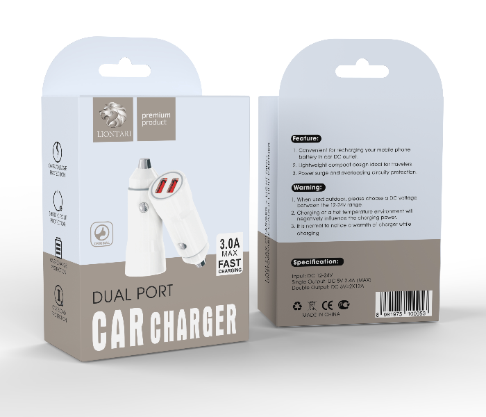 Liontari Dual Port Car Charger - White 1 in OMAN