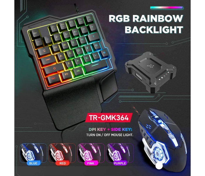 Trands TR-GMK364 One-Handed Wired Gaming Wrist Rest Keyboard and LED Mouse RGB Backlit with Bluetooth Converter for Android IOS Games 2 in UAE