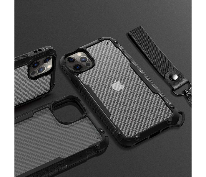 Morepro MP-1243 New Carbon Fiber Design Case for iPhone 12 with Hand Wrist Rope - Black 2 in UAE