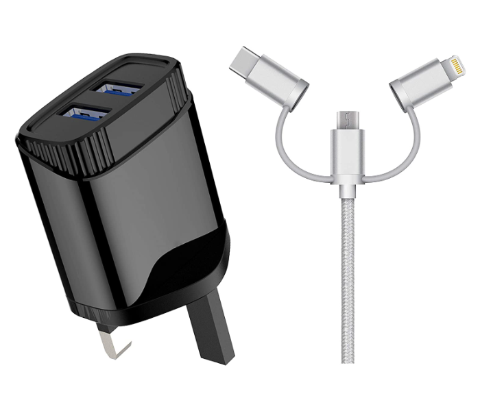 Iends IE-AD847 Dual Port Wall Charger with 3 in 1 Type-C Micro Lightning Cable - Black 1 in UAE