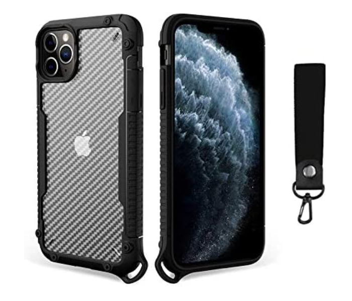 Morepro MP-1242 New Carbon Fiber Design Case for iPhone 12 Mini with Hand Wrist Rope - Black 1 in UAE