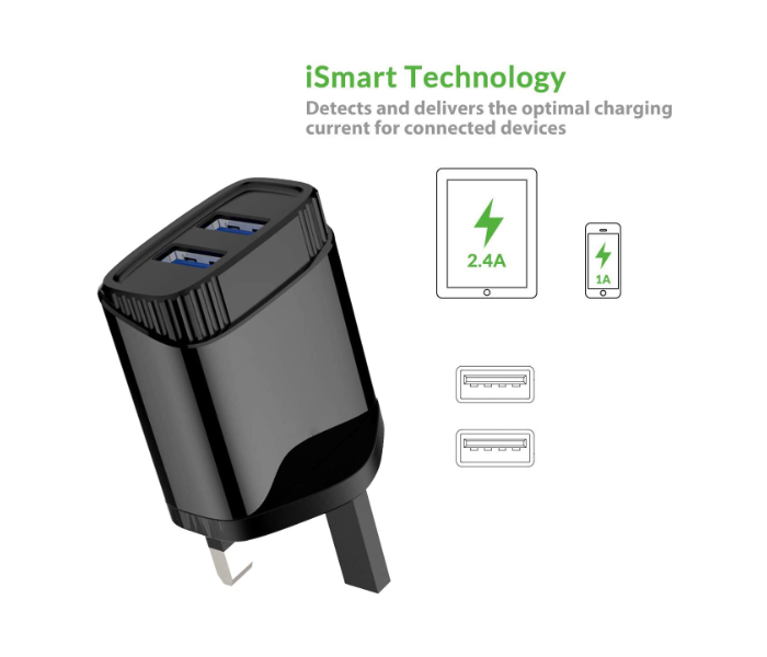 Iends IE-AD847 Dual Port Wall Charger with 3 in 1 Type-C Micro Lightning Cable - Black 2 in UAE