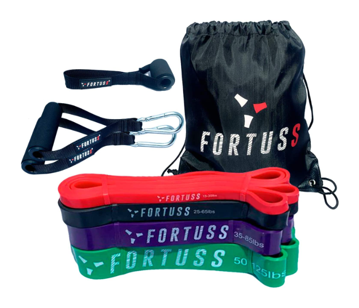 FORTUSS Drawstring Bag Pull Up Assistance Bands Set of 4 with Powerlifting Bands Extra Durable Workout Cross Training Exercise Bands Door Anchor and Handles Stretch Resistance Band Mobility 1 in UAE