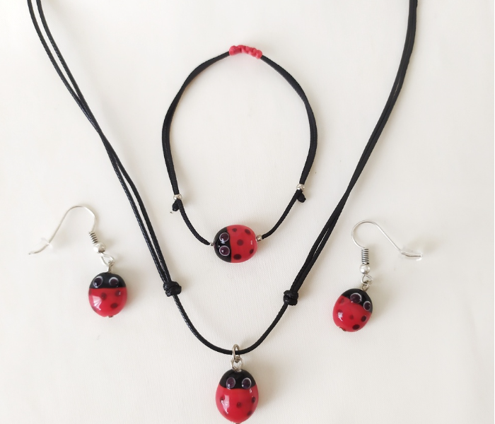 Handmade Glass Art Ladybug Jewellery Set - Maroon 1 in UAE