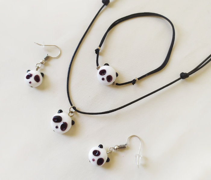 Handmade Glass Art Panda Jewellery Set - White & Black 4 in UAE