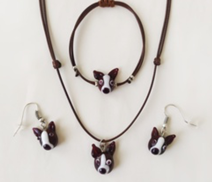 Handmade Glass Art Dog Jewellery Set - Brown and White 1 in UAE
