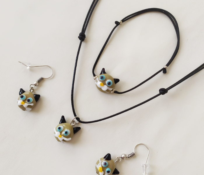 Handmade Glass Art Cat Jewellery Set - Brown 3 in UAE