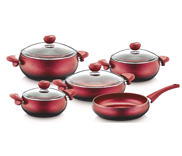 OMS Collection 9 Pieces Belly Shape Non-Stick Granitec Cookware Set - Red 1 in UAE