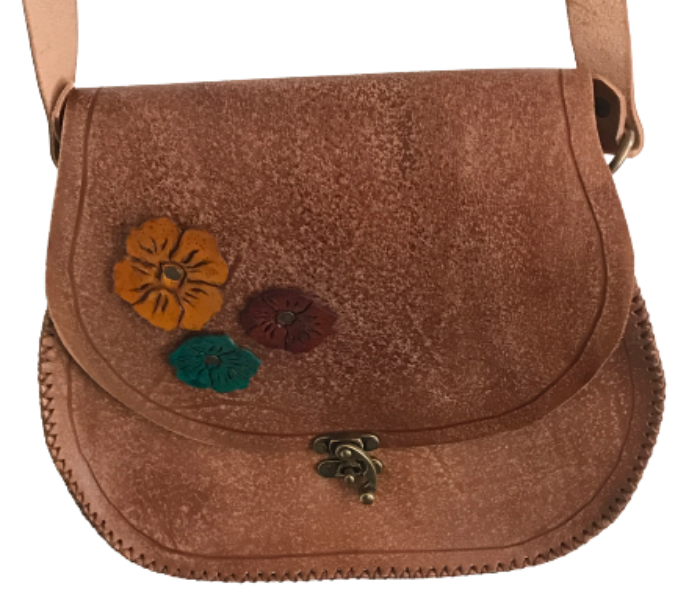 Handmade Leather Satchel with Flower Pattern - Brown 1 in UAE