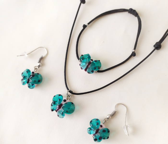 Handmade Glass Art Butterfly Jewellery Set - Green and Black 4 in UAE