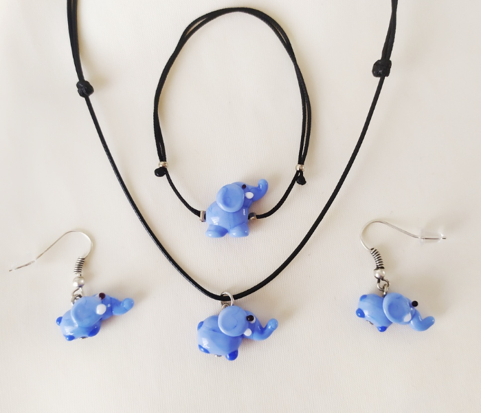 Handmade Glass Art Elephant Jewellery Set - Blue and Black 1 in UAE