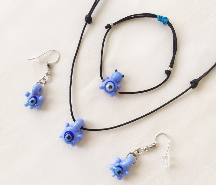 Handmade Glass Art Turtle Jewellery Set - Blue and Black 4 in UAE