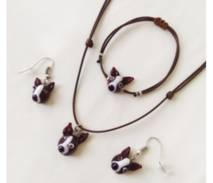 Handmade Glass Art Dog Jewellery Set - Brown and White 4 in UAE