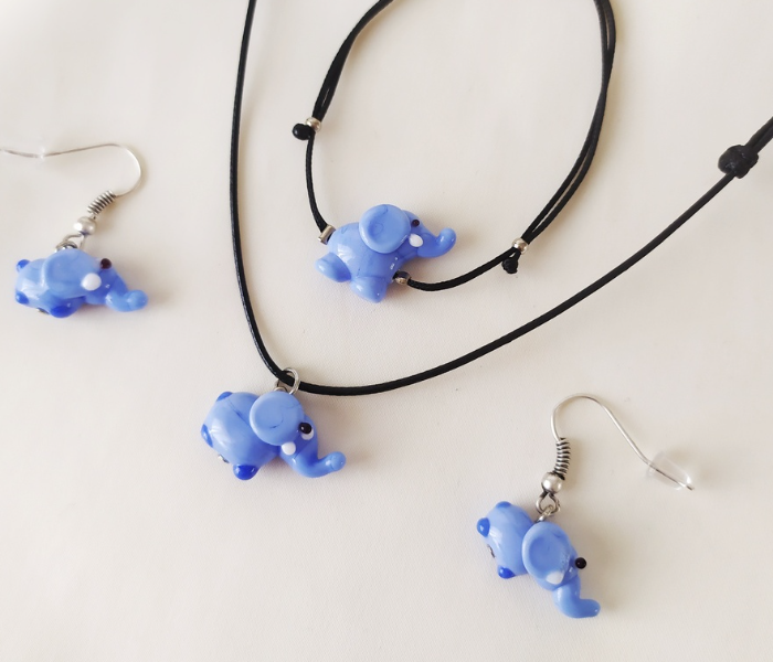 Handmade Glass Art Elephant Jewellery Set - Blue and Black 4 in UAE