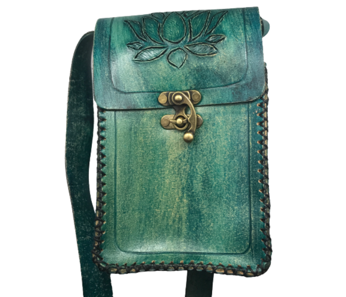 Handmade Small Leather Hand Bag with Lotus Pattern- Green 1 in UAE