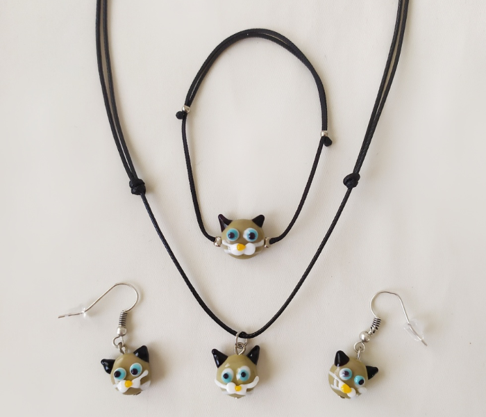 Handmade Glass Art Cat Jewellery Set - Brown 1 in UAE