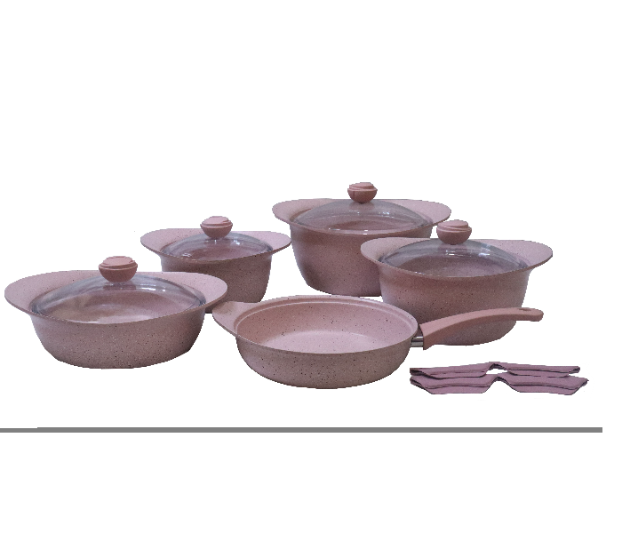 OMS Collections 9 Pieces Oven Safe Granitec Cookware Set - Pink 1 in UAE