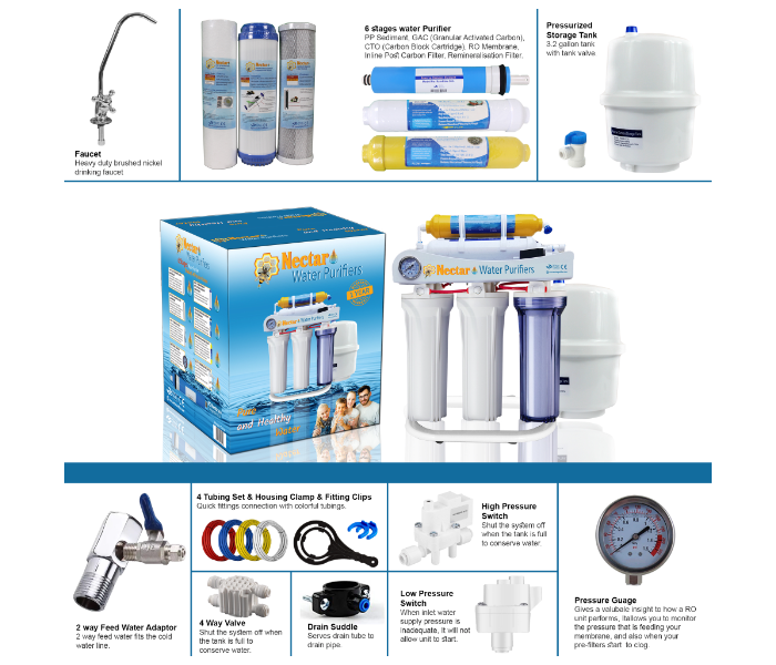 Nectar NC-6ST-PGS-01 6 Stage Reverse Osmosis Drinking Water Filter System with Stand and Pressure Gauge 6 in UAE
