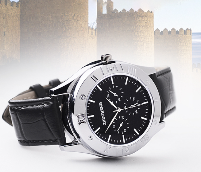 Zhuoheng Leather Strap Analog Watch with Lighter for Men - Black and Stainless Steel 3 in UAE