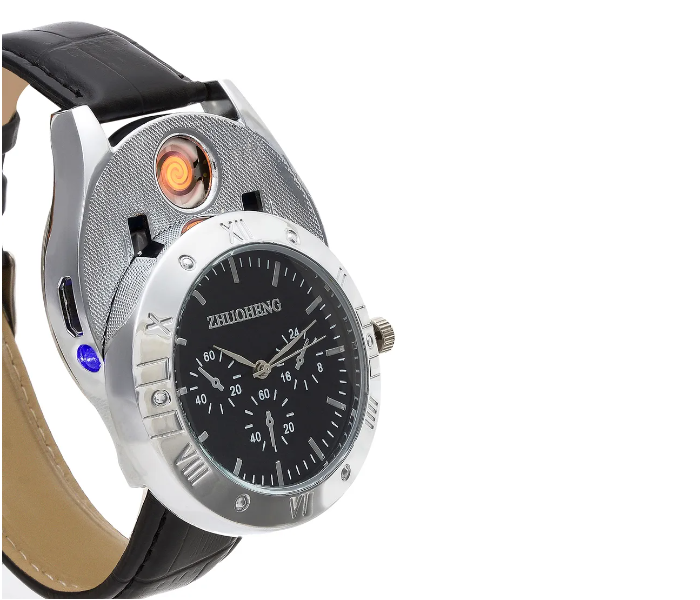 Zhuoheng Leather Strap Analog Watch with Lighter for Men - Black and Stainless Steel 2 in UAE