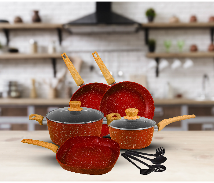 Insiya SV10 11 Piece Premium Granite Coated Aluminium Cookware Set - Maroon 2 in UAE