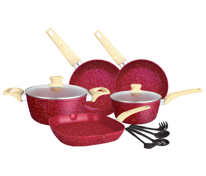 Insiya SV10 11 Piece Premium Granite Coated Aluminium Cookware Set - Maroon 1 in UAE