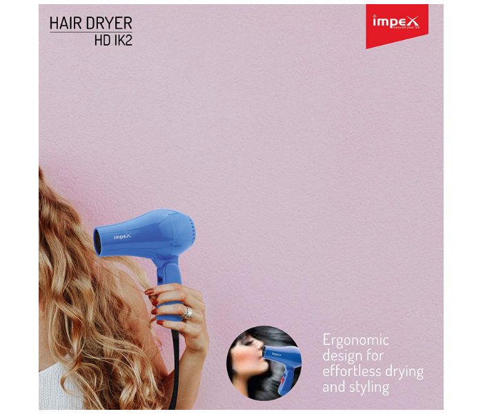 Impex HD 1K2 2000W Fast Drying and Styling Compact Design Hair Dryer - Blue 3 in UAE