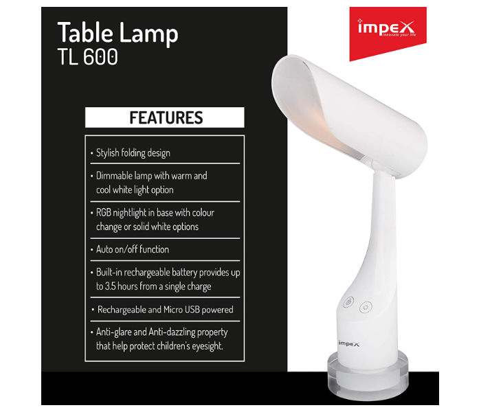 Impex TL 600 1500mAh LED Rechargeable Table Lamp - White 2 in UAE