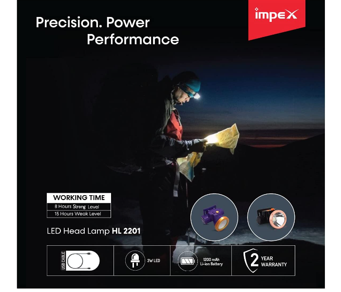 Impex HL 2201 3W 1200mAh Rechargeable LED Head Lamp Flashlight - Purple 3 in UAE