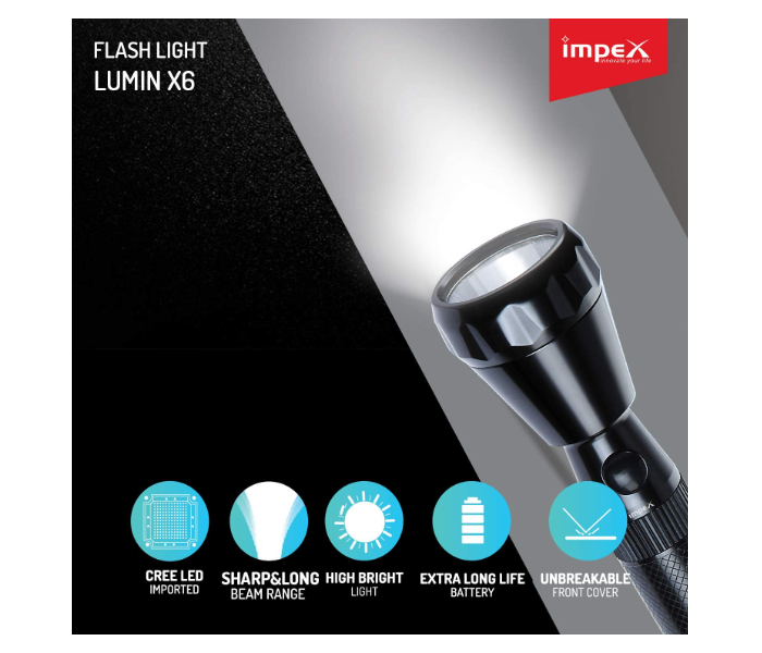 Impex LUMIN X6 3W CREE LED Rechargeable LED Handheld Flashlight - Black 3 in UAE