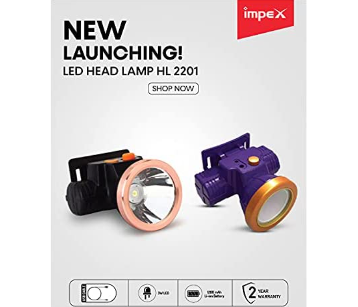 Impex HL 2201 3W 1200mAh Rechargeable LED Head Lamp Flashlight - Purple 2 in UAE