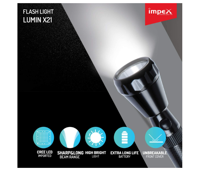 Impex LUMIN X21 2000mAh Rechargeable LED Handheld Flashlight - Black 3 in UAE