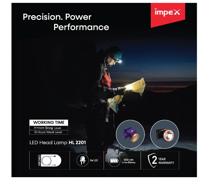 Impex HL 2201 3W 1200 mAh Rechargeable LED Head Lamp Flashlight - Black 3 in UAE
