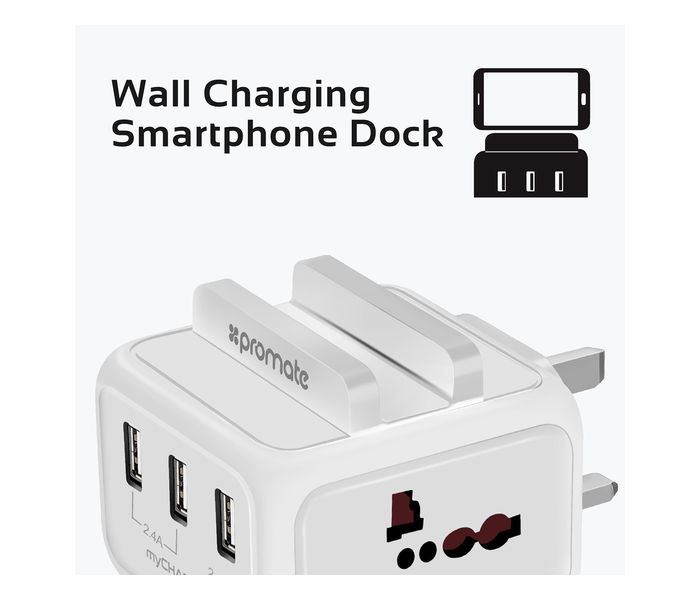 Promate MyCharge-UK Heavy Duty USB Wall Charger with SmartPhone Docket, White - Zoom Image 4