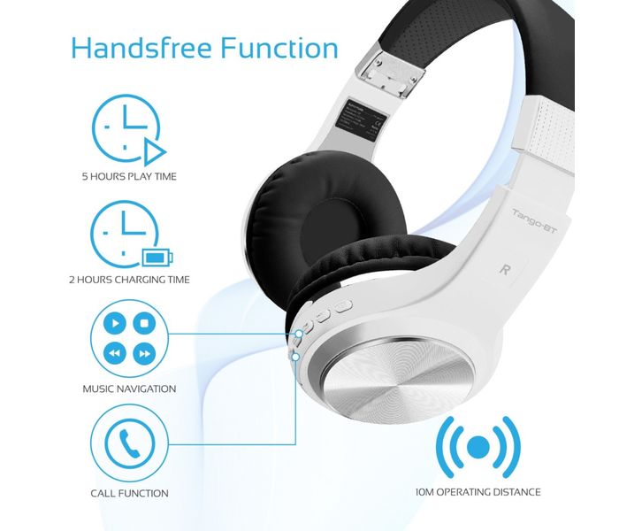 Promate Tango-Bt Foldable On-Ear Wireless Stereo Headset with Built-In Music Controls, White - Zoom Image 5