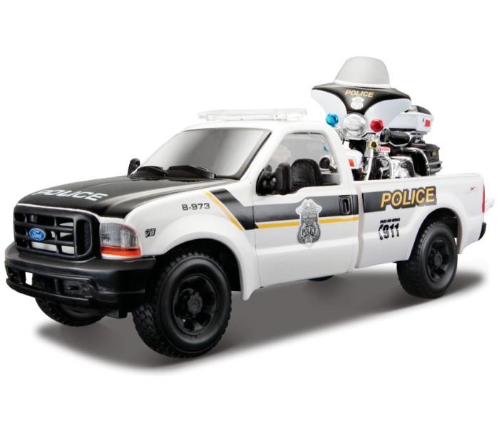 Maisto Tech 32186 1:27 Hd 1999 Ford F-350 Pickup with 1:24 H-D 2004 Flhtpi Electra Glide Police White, Black - Zoom Image