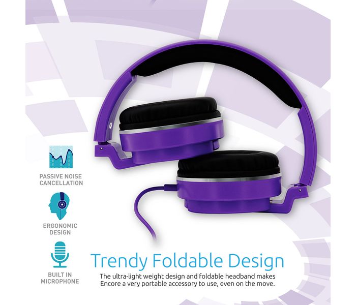 Promate Encore Lightweight Stereo Wired Heaphones with Padded Foldable Headband, Purple - Zoom Image 2