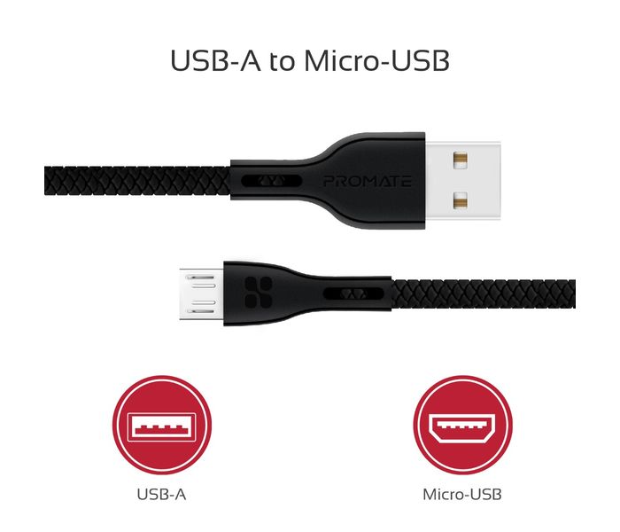 Promate Powerbeam-M Premium 2A Android Fast Charging Micro-USB Cable with Over-Charging Protection - 1.2 Metre, Black - Zoom Image 2