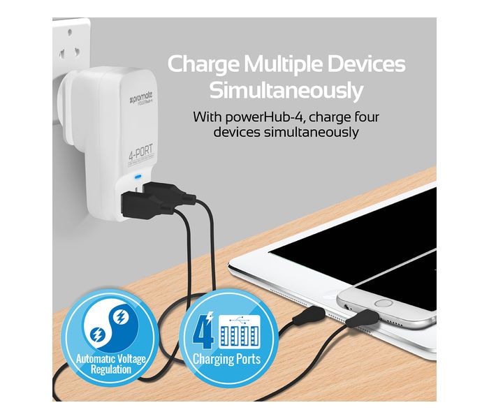 Promate PowerHub-4 6.8A High Speed USB Wall Fast Charger with 4 USB Ports, White - Zoom Image 3