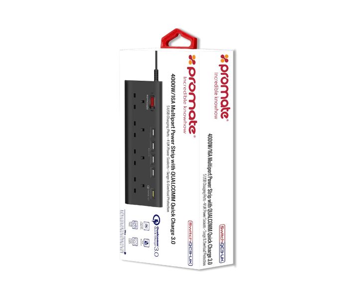 Promate SwitchQC3-UK 4000W 16A Multiport Power Strip with Qualcomm Quick Charge 3.0, Black - Zoom Image 6