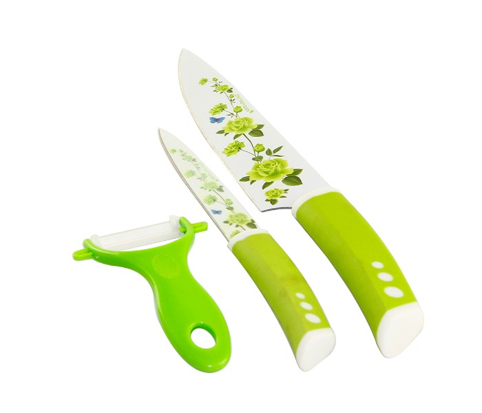 Taqdeer 9312 3 Pieces Knife and Peeler Set White and Green - Zoom Image 3