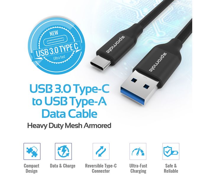 Promate UniLink-CAF USB-C to USB 3.0 Type-A Data and Charging Cable - Black - Zoom Image 2