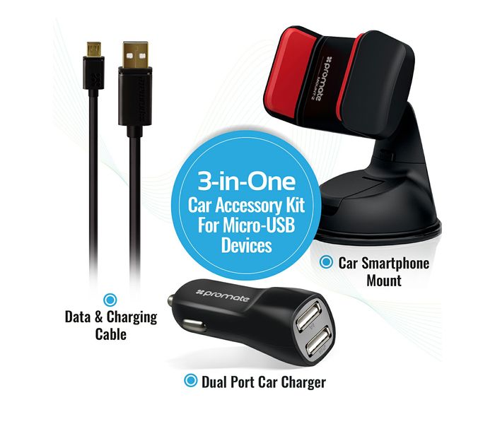 Promate Carkit-HM 3.1A Dual USB Universal Car Charger with Micro USB Sync and Charge Cable, Black - Zoom Image 1