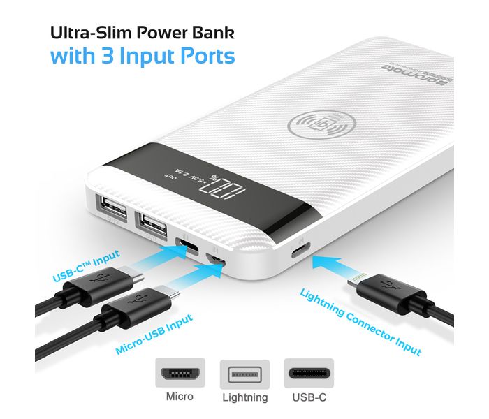 Promate AuraPack-10 10000 mAh Qi Wireless Charger Power Bank with 2 Way Type C Charging Port, White - Zoom Image 5