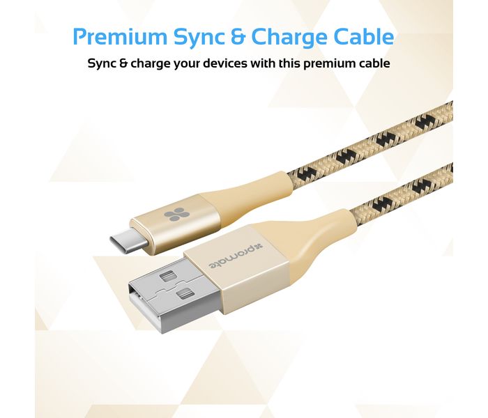 Promate UniLink-CAM USB 3.1 USB-C Heavy Duty Mesh Armored Cable - Gold - Zoom Image 1