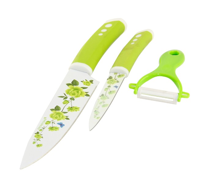 Taqdeer 9312 3 Pieces Knife and Peeler Set White and Green - Zoom Image 2