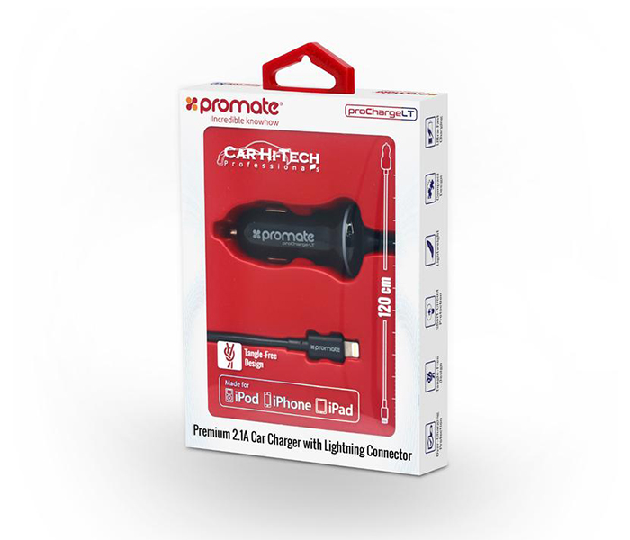 Promate PROCHARGELT Car Charger with Lightning Connector for iPad, iPhone, and iPod - Black - Zoom Image 5