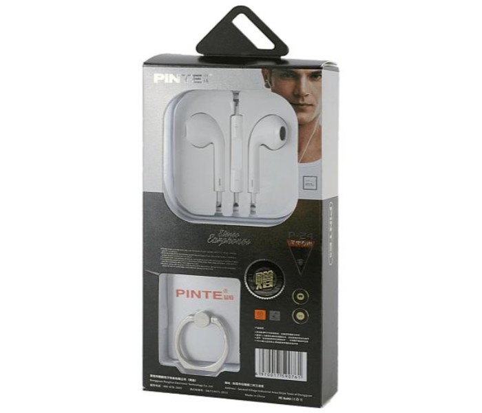 Pinte 2 in 1 Stereo Earphones with Mic and Mobile Ring Holder for Smartphones P-24 White and Stainless Steel - Zoom Image 4