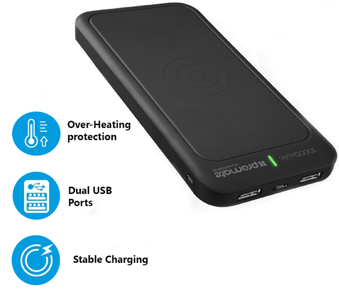 Promate AuraVolt-10 10000 mAh Portable Wireless Charger Power Bank with Type C, Black - Zoom Image 2