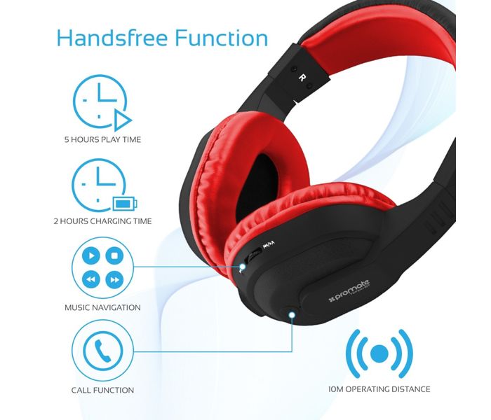 Promate Tempo-Bt 2-In-1 Rechargeable Over-Ear Wireless and Wired Stereo Headset with Microphone, Red - Zoom Image 5